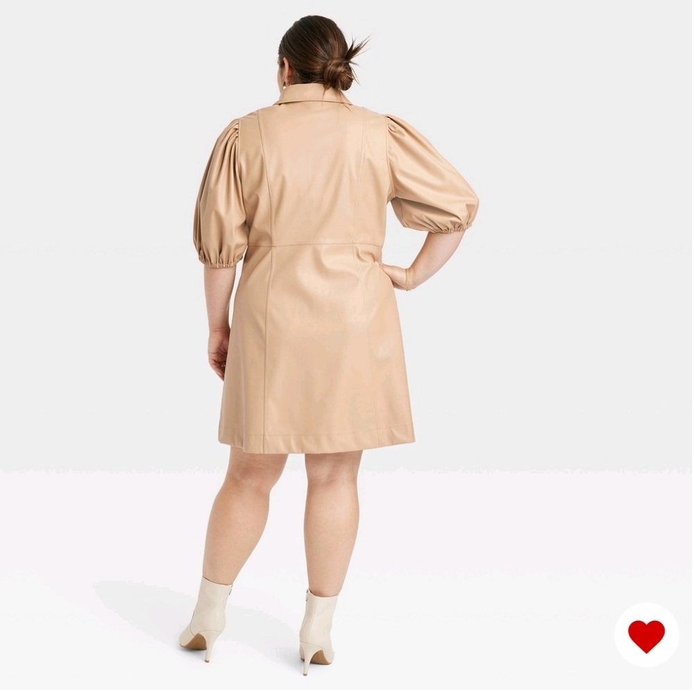 🎉Women's Puff Sleeve Faux Leather A-Line Dress Beige🎉 - Picture 7 of 7